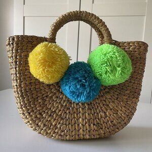 Jade Tribe Straw Handbag Wristlet Pom Poms Colorful Made in Thailand New No Tag